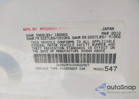 2012 Mitsubishi Lancer Es from USA, damaged, VIN JA32U2FU1CU022927